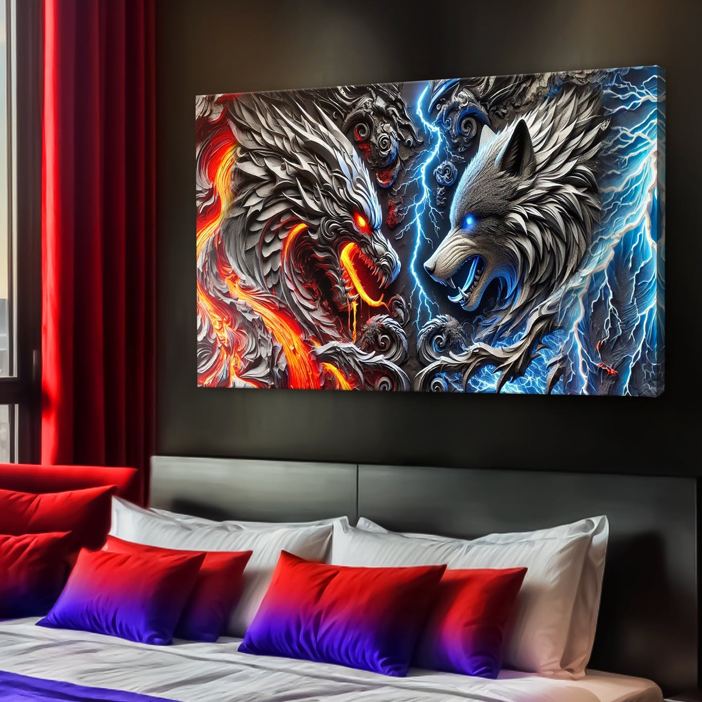 3D Dragon and Wolf Canvas Wall Art IV