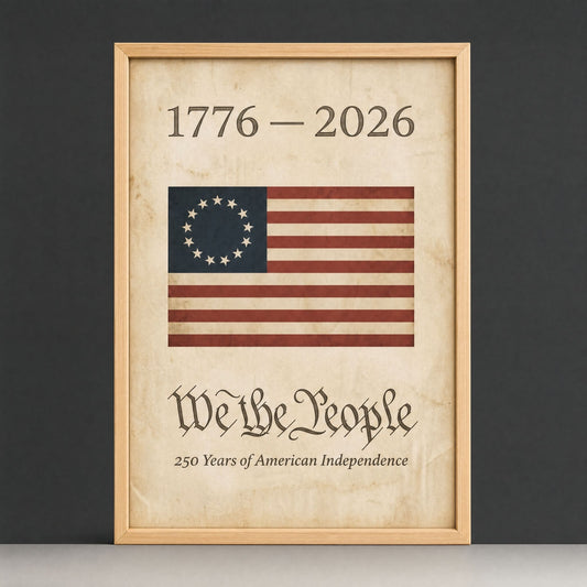 1776 American flag wall art in a natural wood frame - the We the People print with its Betsy Ross thirteen-star ring, shown upright on a plain dark studio ground