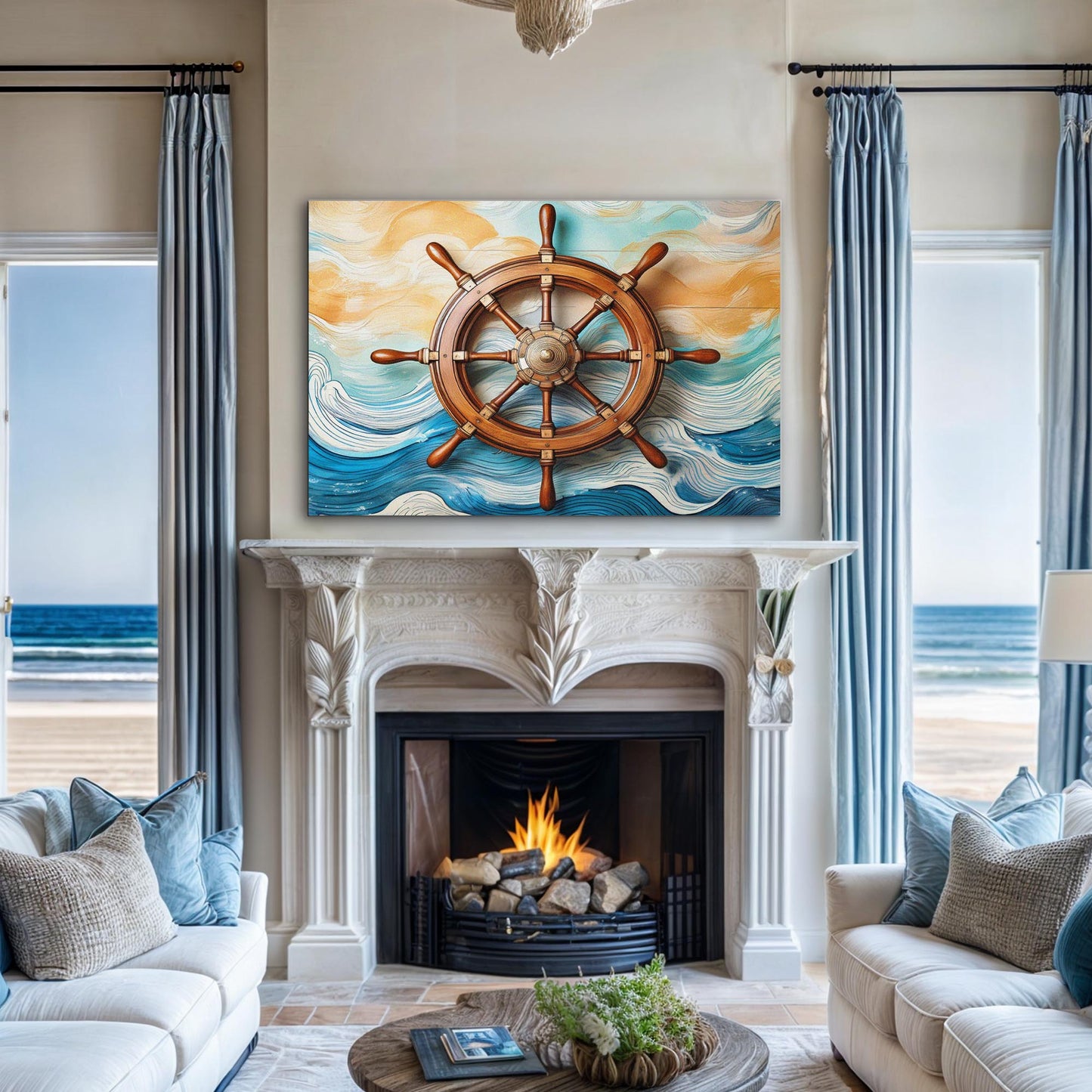 Sailboat and Ship Wheel Coastal Canvas Wall Art II