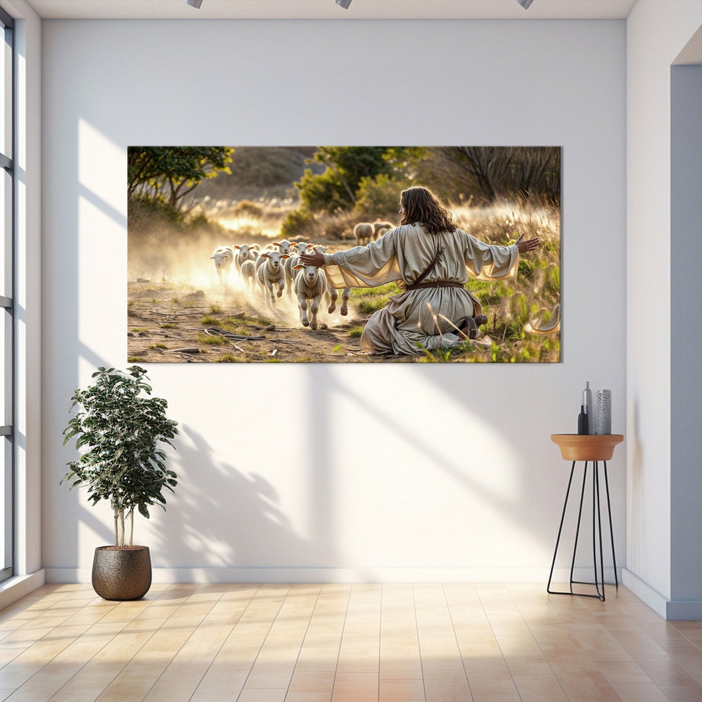 Christian Wall Canvas Jesus Protects Sheep from Wolves