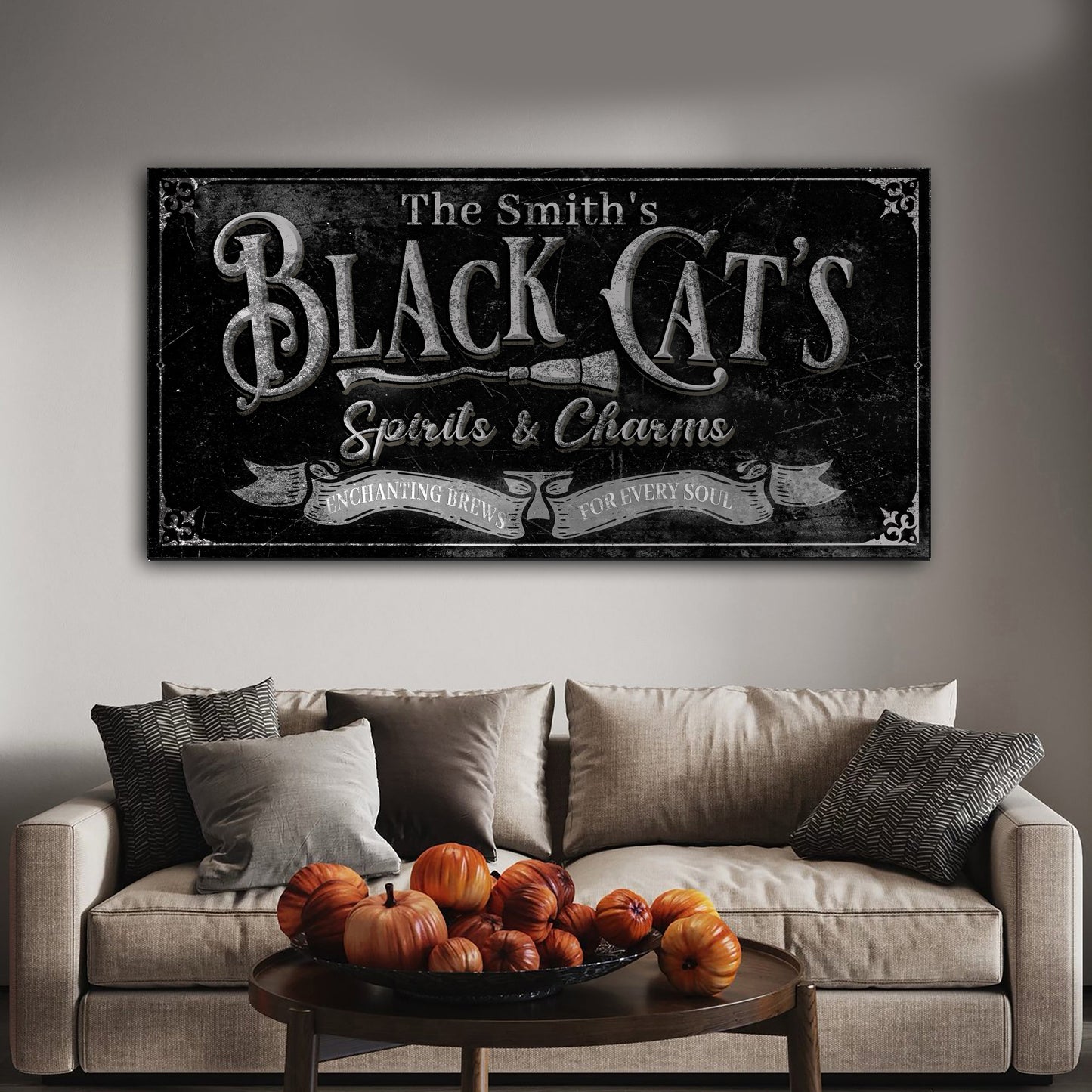 Black Cat's Spirits and Charms Bar Halloween Canvas Wall Art