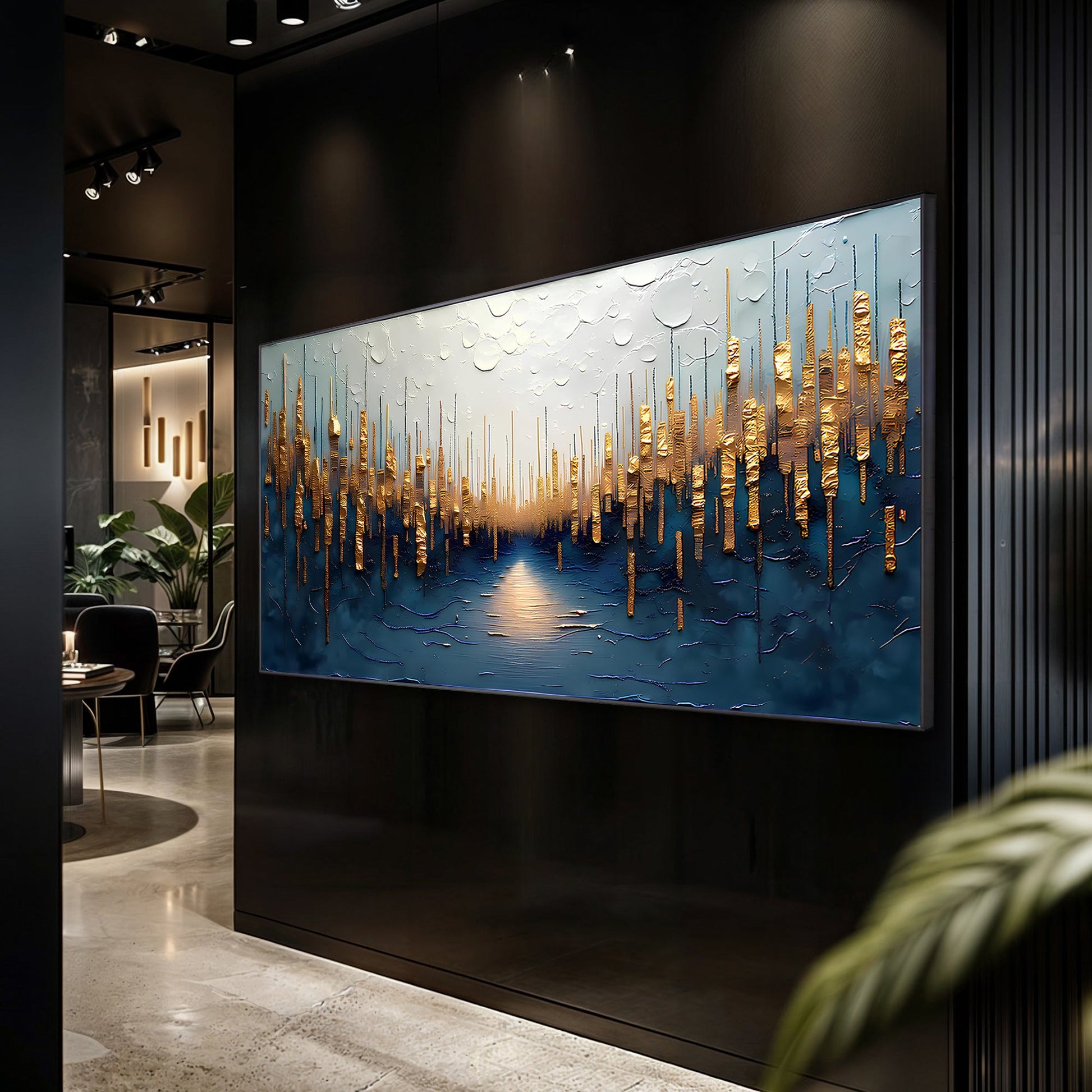 Golden forest reflection abstract canvas wall art with mirrored trees and warm gold tones