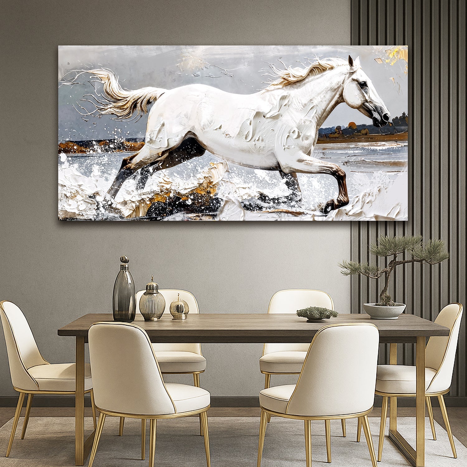 Abstract horse canvas wall art with bold dynamic strokes in wide format modern design