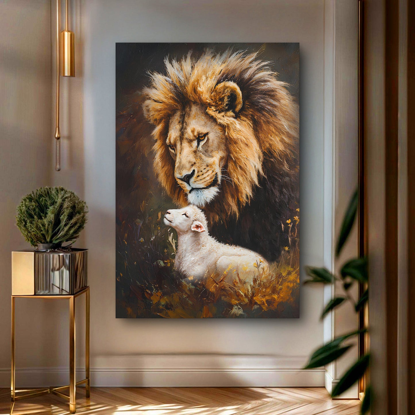 Lion and sheep faith canvas wall art — symbolic faith artwork, gallery-wrapped, ready to hang