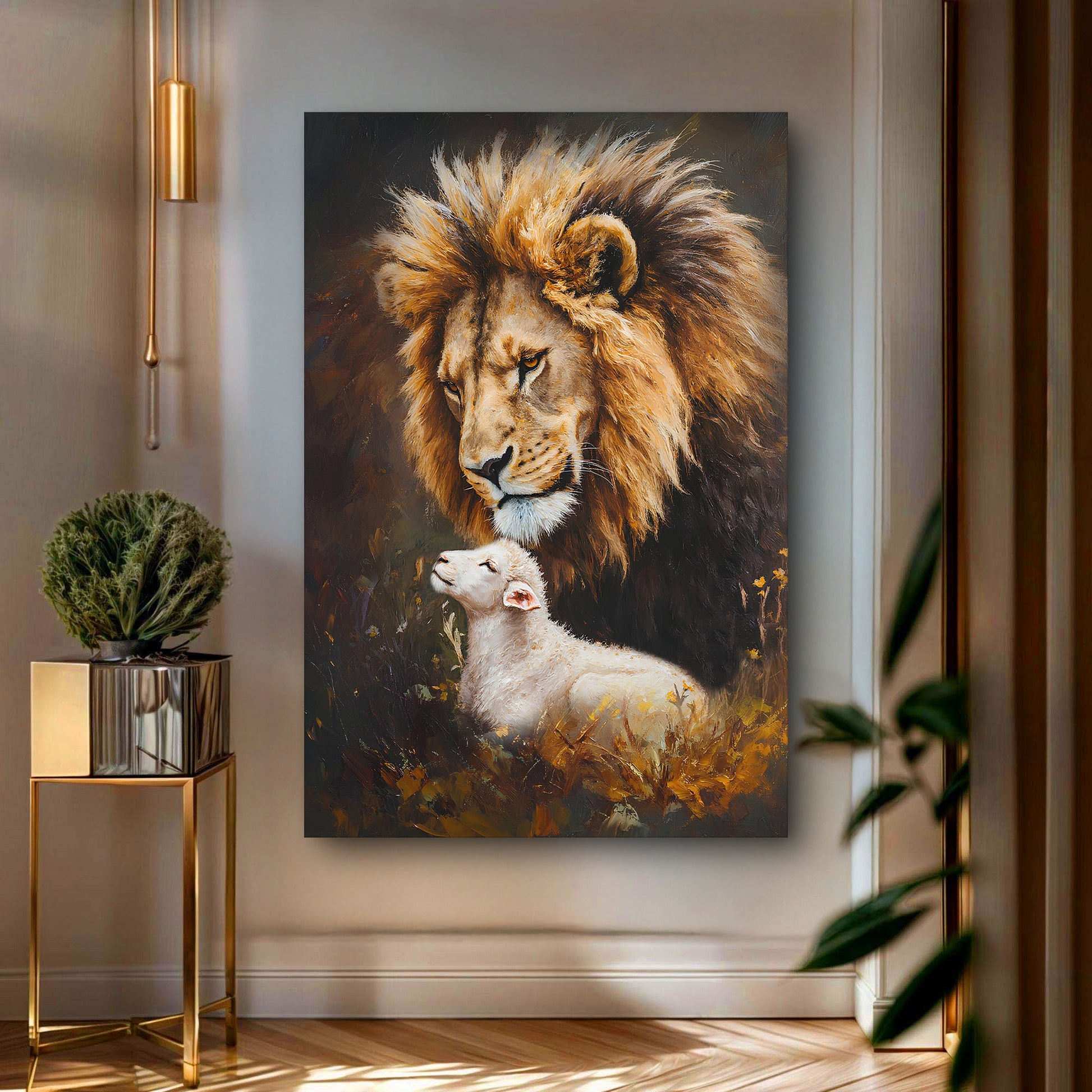 Lion and sheep faith canvas wall art — symbolic faith artwork, gallery-wrapped, ready to hang