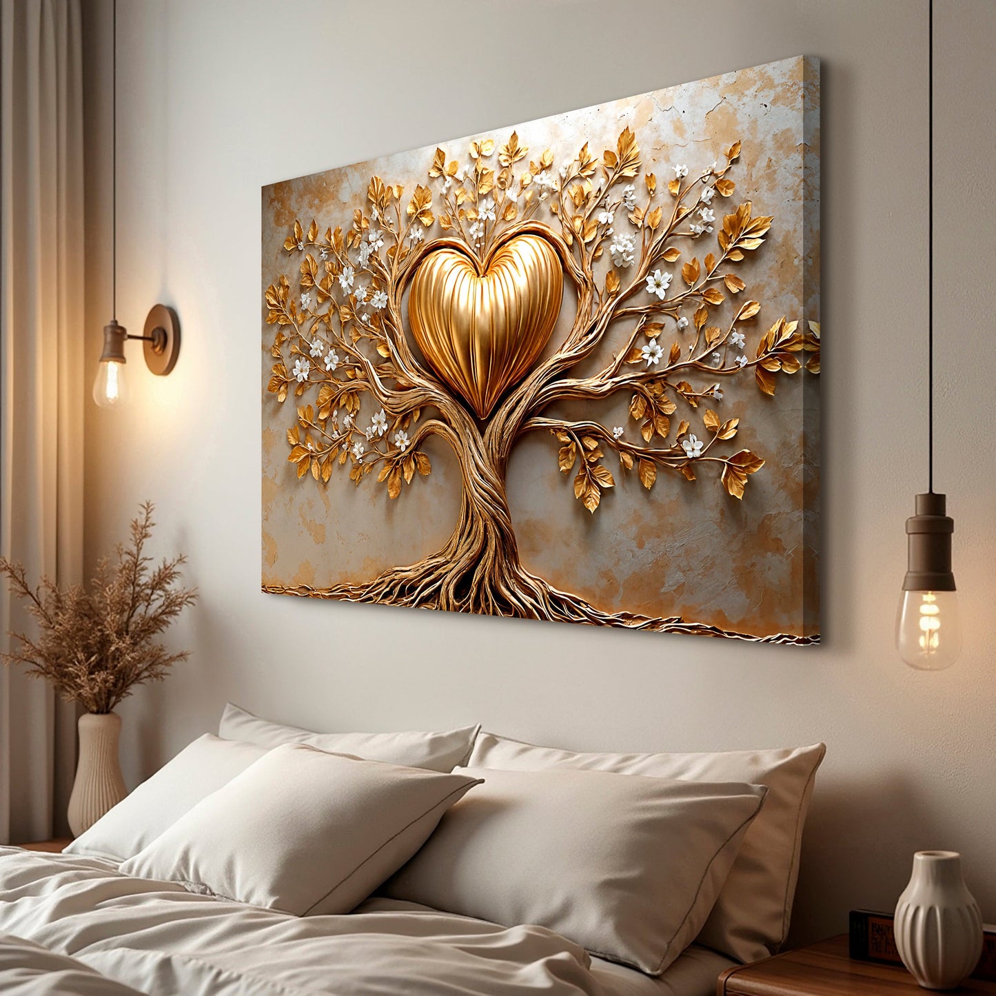 Golden Tree Heart Canvas Wall Art - Nature Love Print