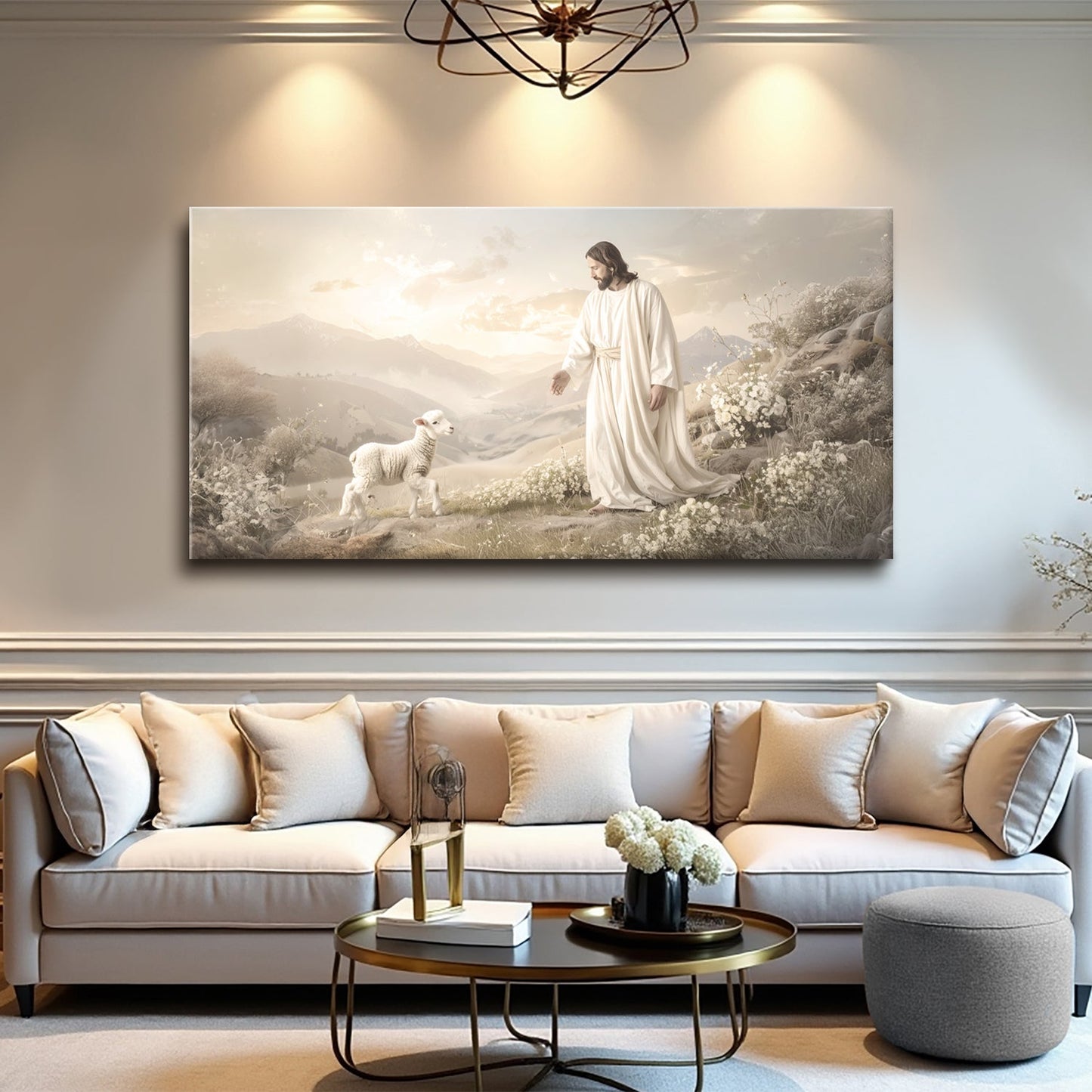 Jesus Protects The Lamb faith canvas wall art with a warm comforting scene, ready to hang