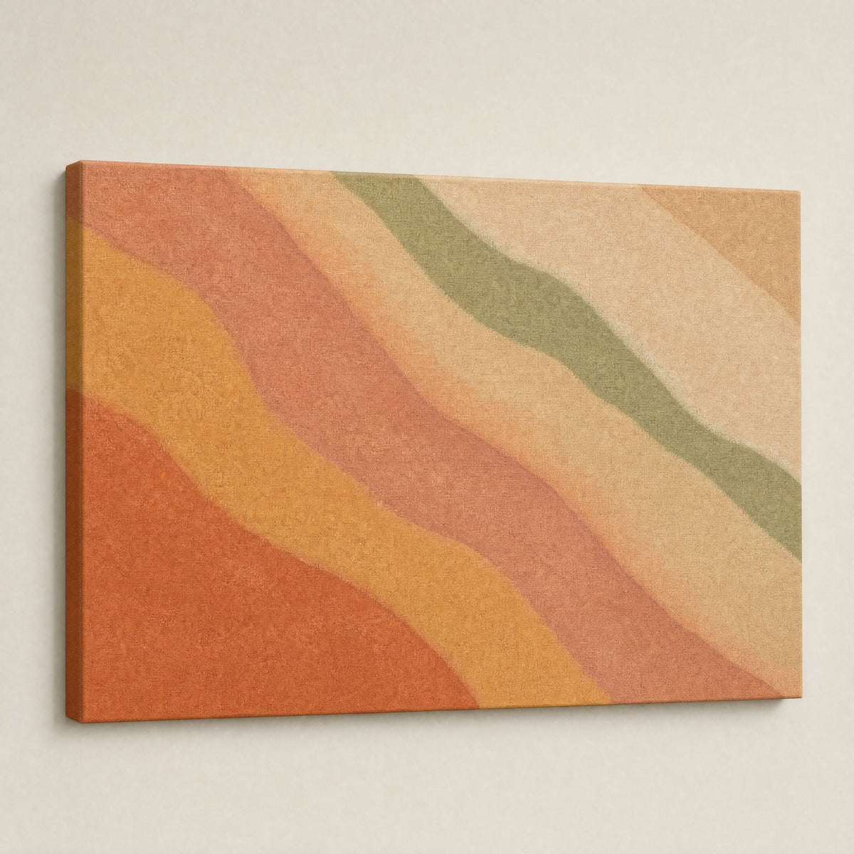 Angled view of the canvas on a white wall, the printed image continuing over the side edge