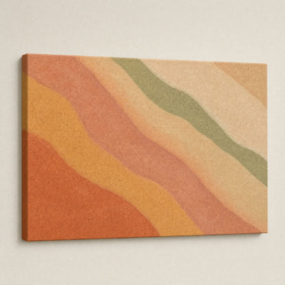 Angled view of the canvas on a white wall, the printed image continuing over the side edge