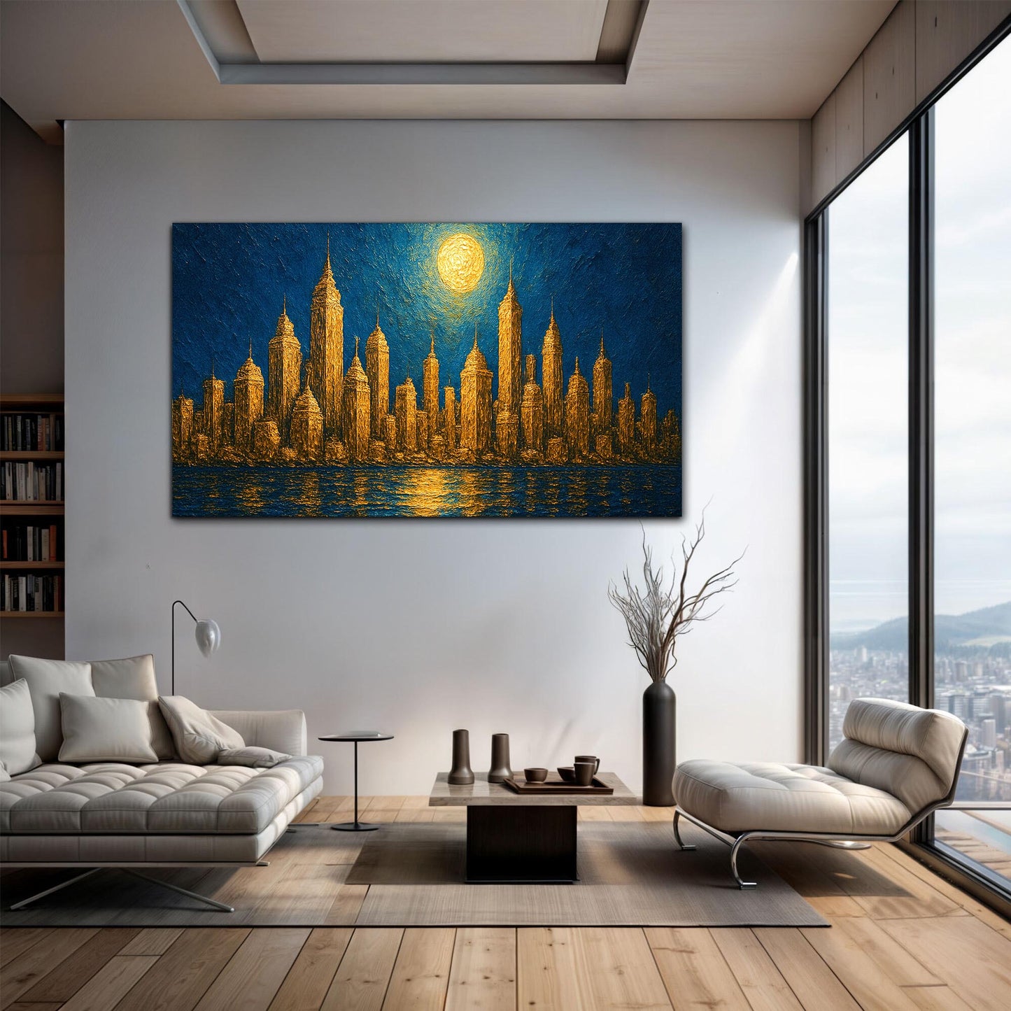 Golden Metropolis Cityscape Impasto Canvas Wall Art