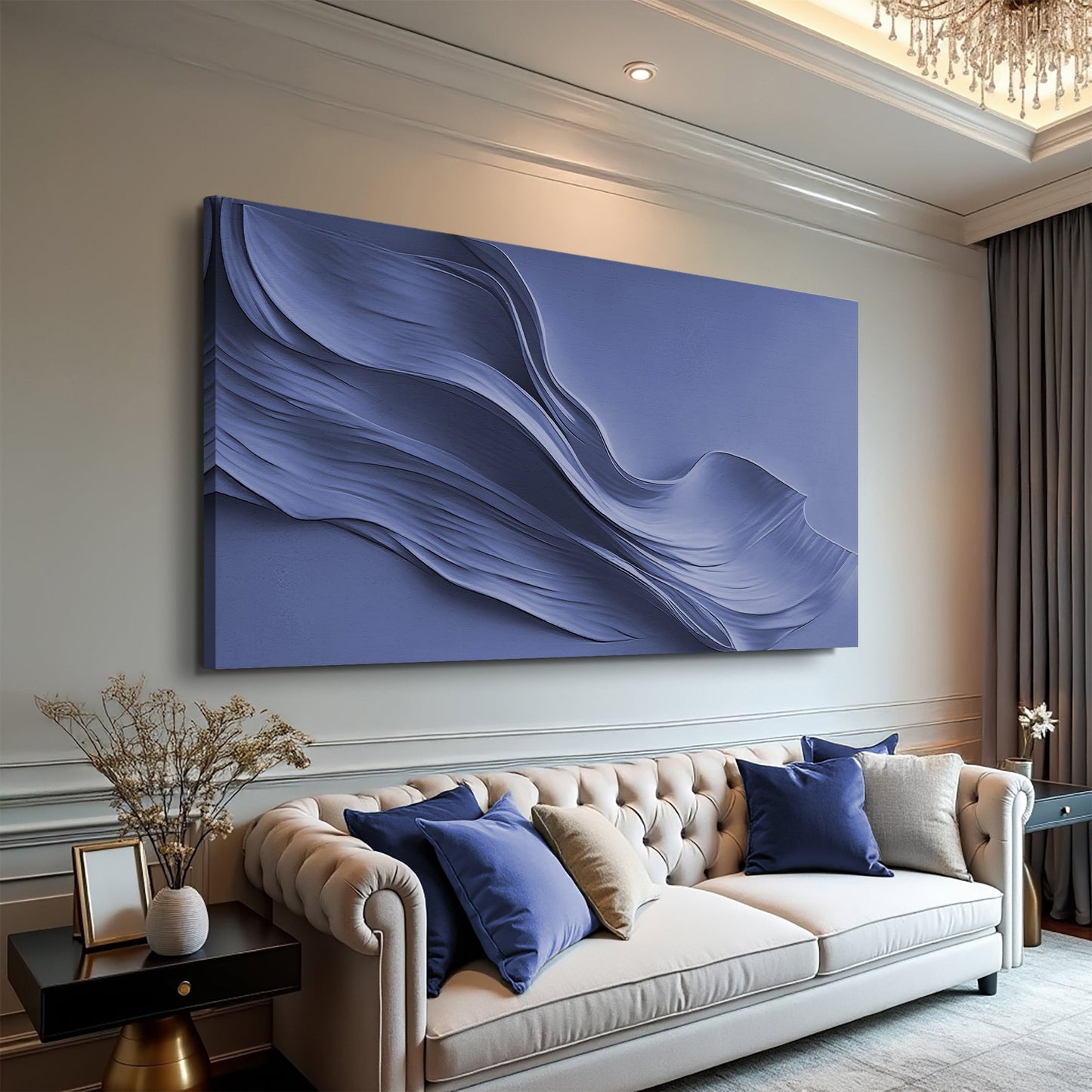 Midnight navy minimalist abstract canvas wall art in deep modern tones, ready to hang