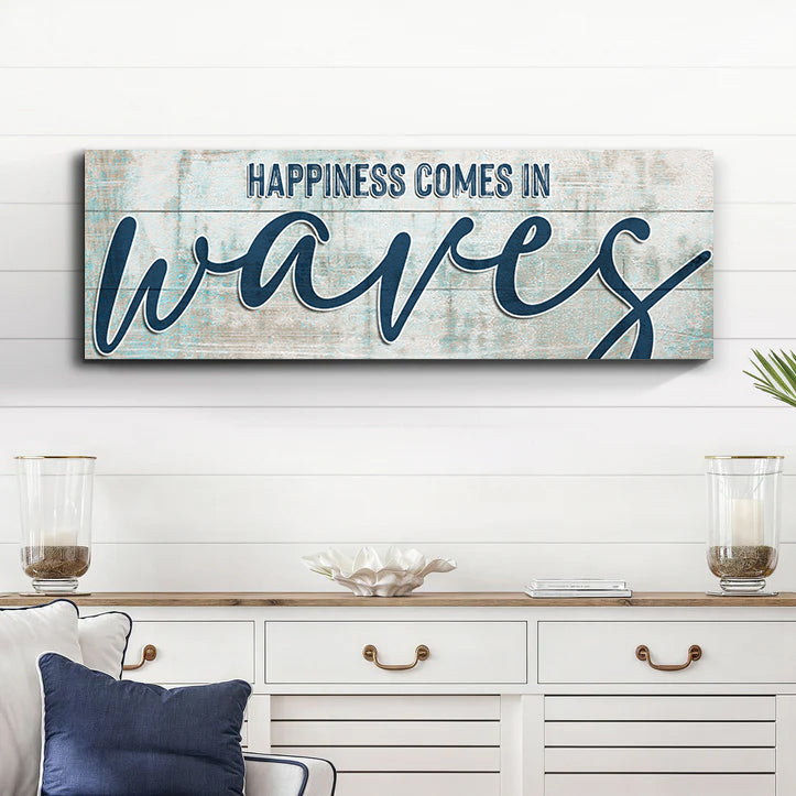 Happiness Comes In Waves Beach Canvas Wall Art