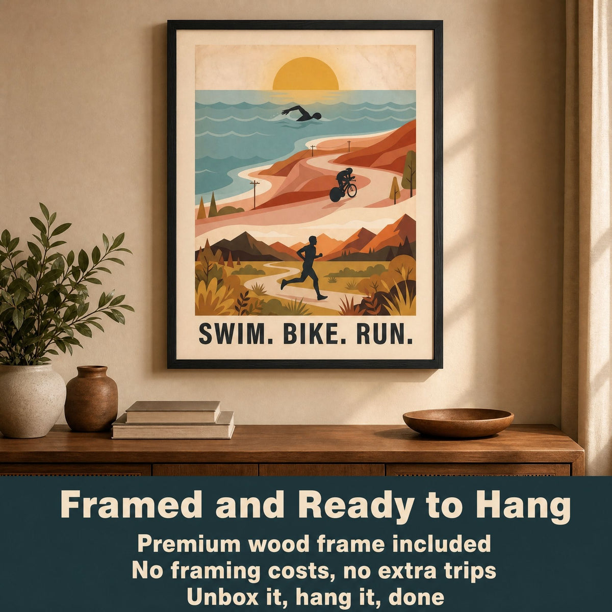 Triathlon Poster: Retro Swim Bike Run Framed Wall Art