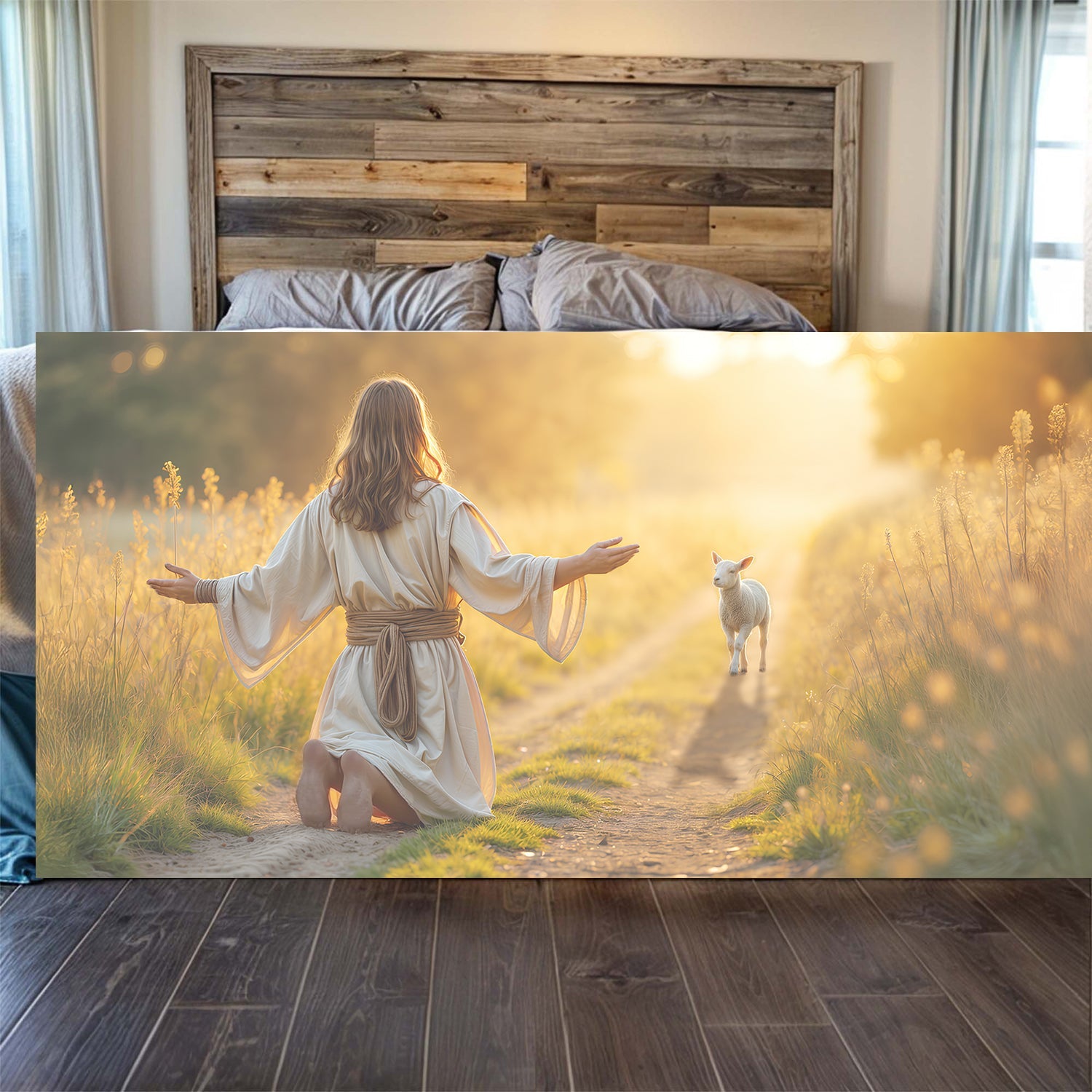 Jesus and the lamb wolf protection Christian canvas art wide panoramic