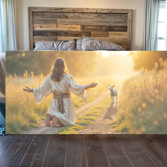 Jesus and the lamb wolf protection Christian canvas art wide panoramic