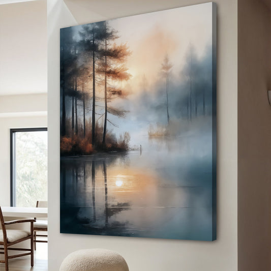 Angled close view of the misty lake canvas on a white wall beside a window