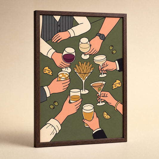 Overhead cocktail party print in a dark wood frame, angled to show the frame depth