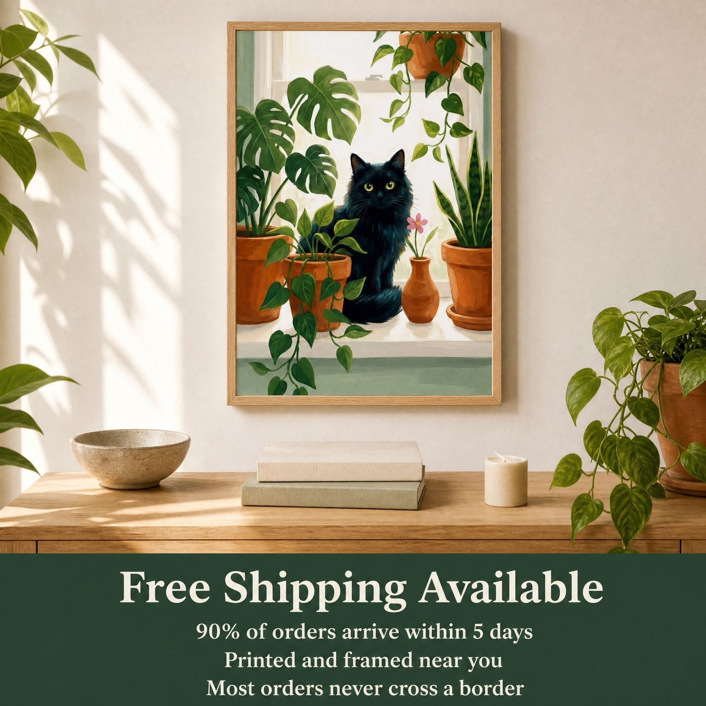 Framed black cat and monstera print above a wooden console, with free shipping and delivery details