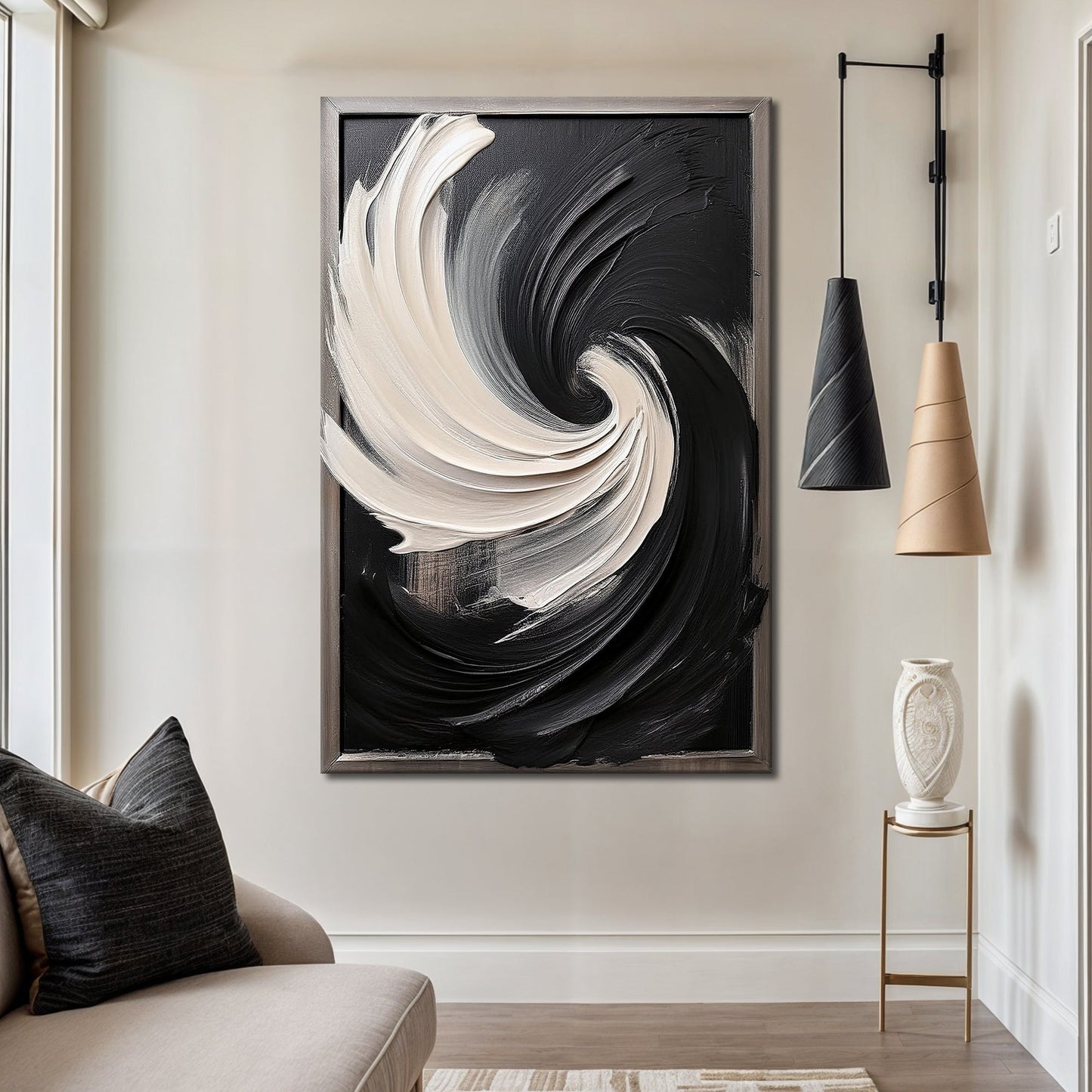 Black and White Vortex Abstract Canvas Wall Art