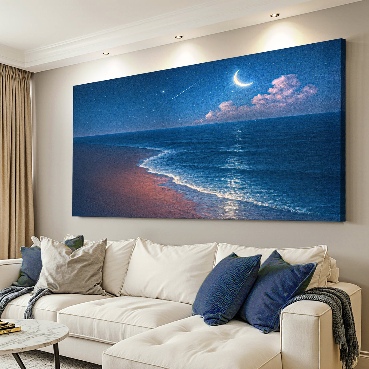 Crescent Moon Beach at Night canvas shown in a styled room setting, view 2