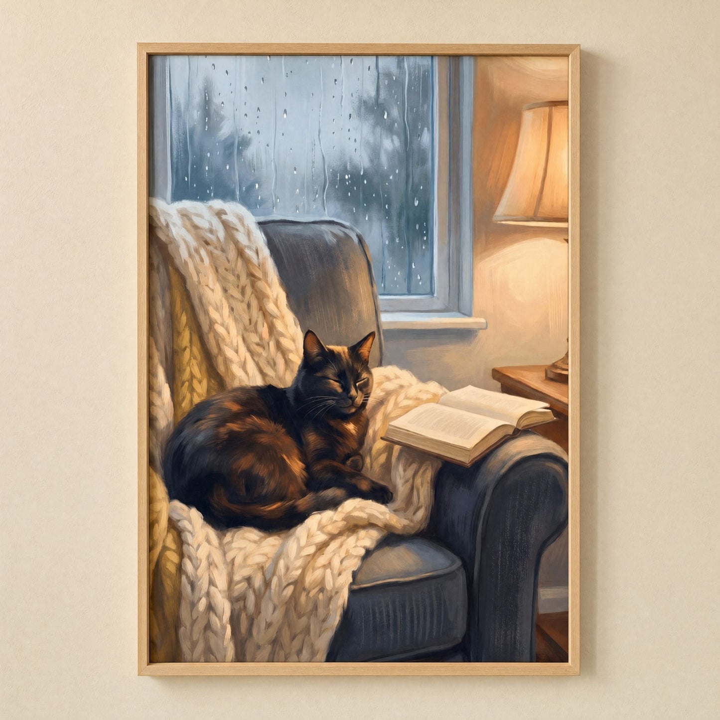 Dark academia wall art print of a black cat asleep by a rainy window, framed in light natural pine