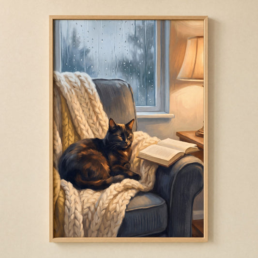 Dark academia wall art print of a black cat asleep by a rainy window, framed in light natural pine
