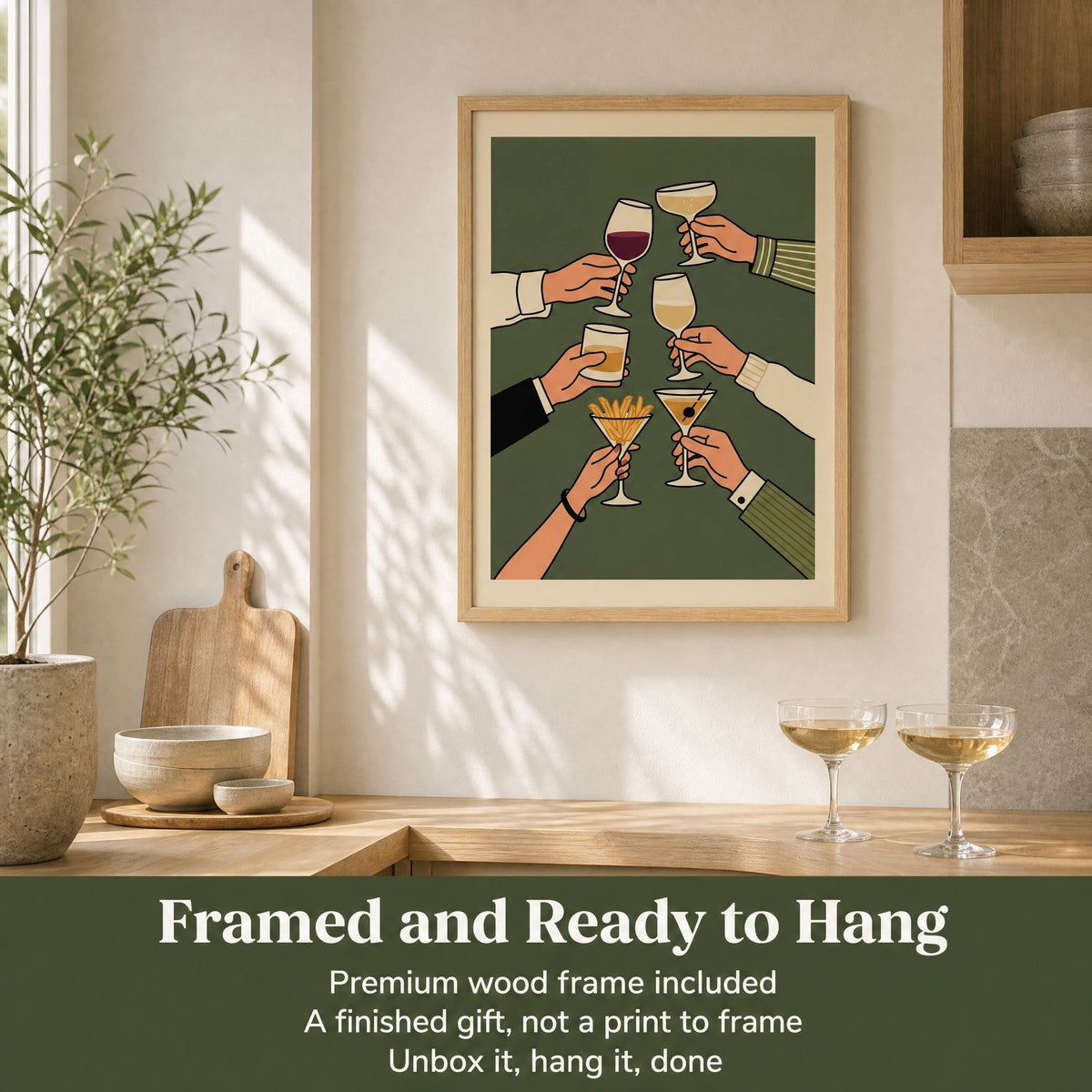 Cheers bar cart art above a console, with a band reading framed and ready to hang