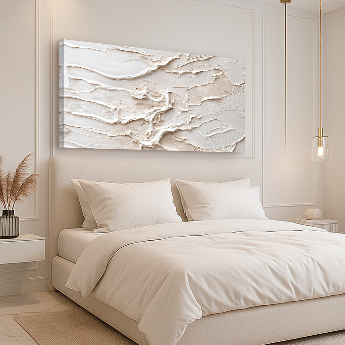 Chalk White Layered Abstract canvas shown in a styled room setting, view 2