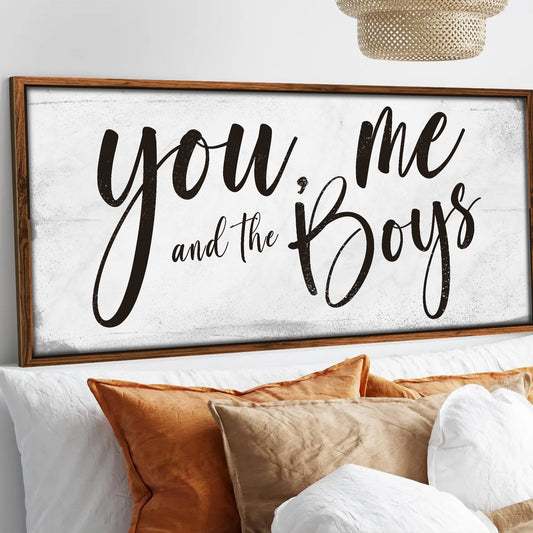 You Me and the Boys farmhouse bedroom canvas wall art in vertical format