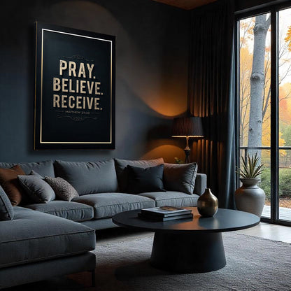 Pray Believe Receive Navy and Gold canvas shown in a styled room setting, view 2