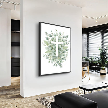 White Cross in a Green Leaf Wreath canvas shown in a styled room setting, view 2