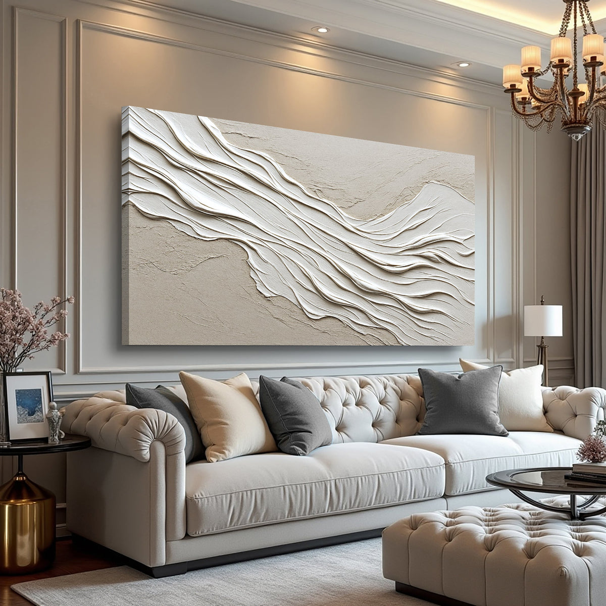 Beige Rolling Waves Minimalist Abstract canvas shown in a styled room setting, view 2
