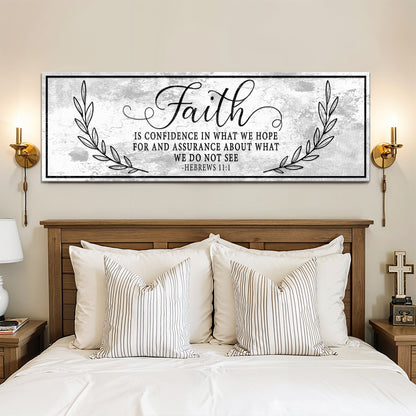 Hebrews 11:1 Faith Distressed-Look Grey Long canvas shown in a styled room setting, view 2