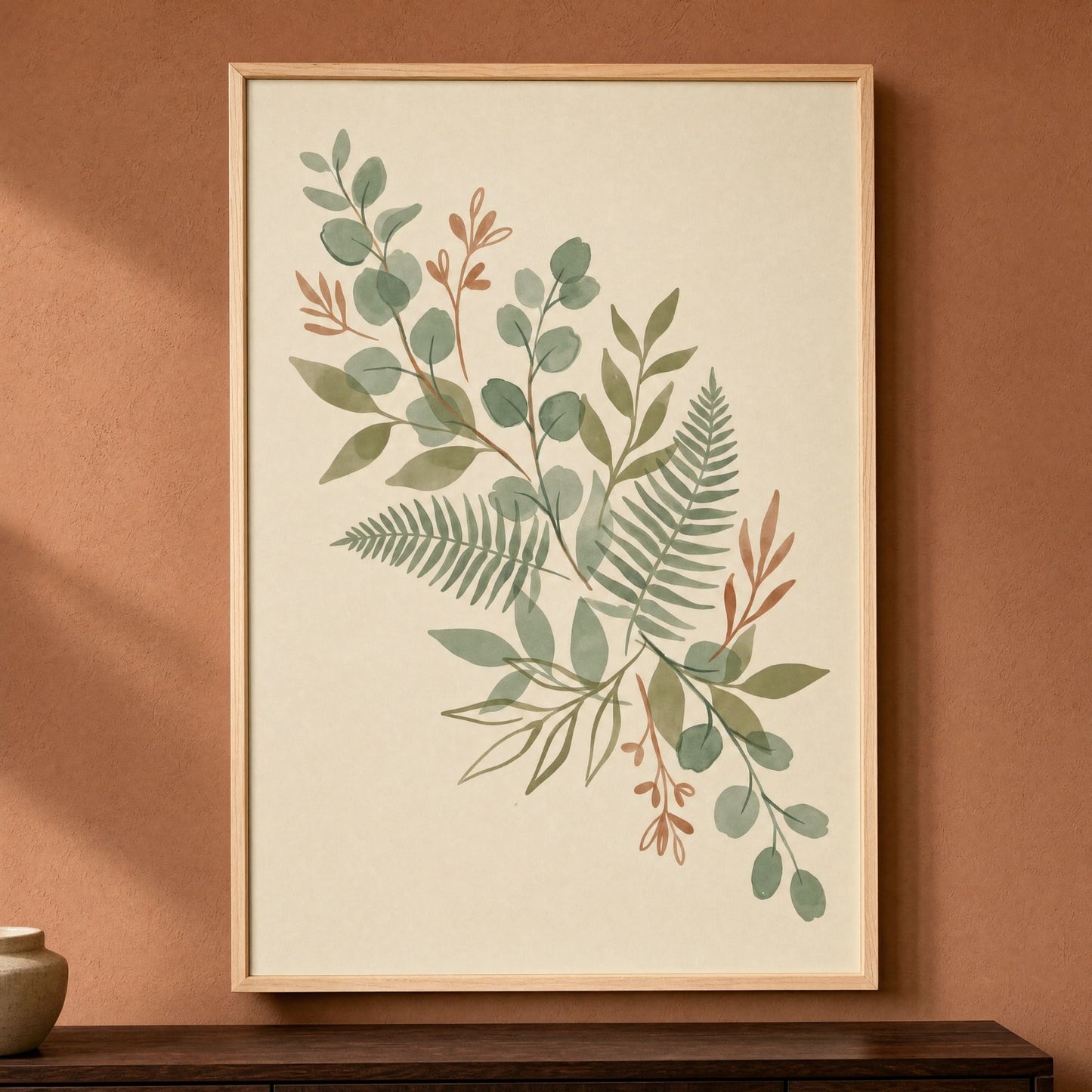 Sage green botanical wall art in a natural wood frame leaning on a walnut console against a terracotta wall