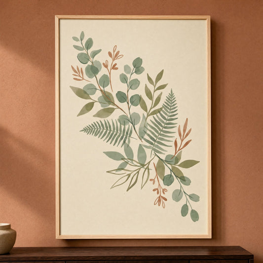 Sage green botanical wall art in a natural wood frame leaning on a walnut console against a terracotta wall
