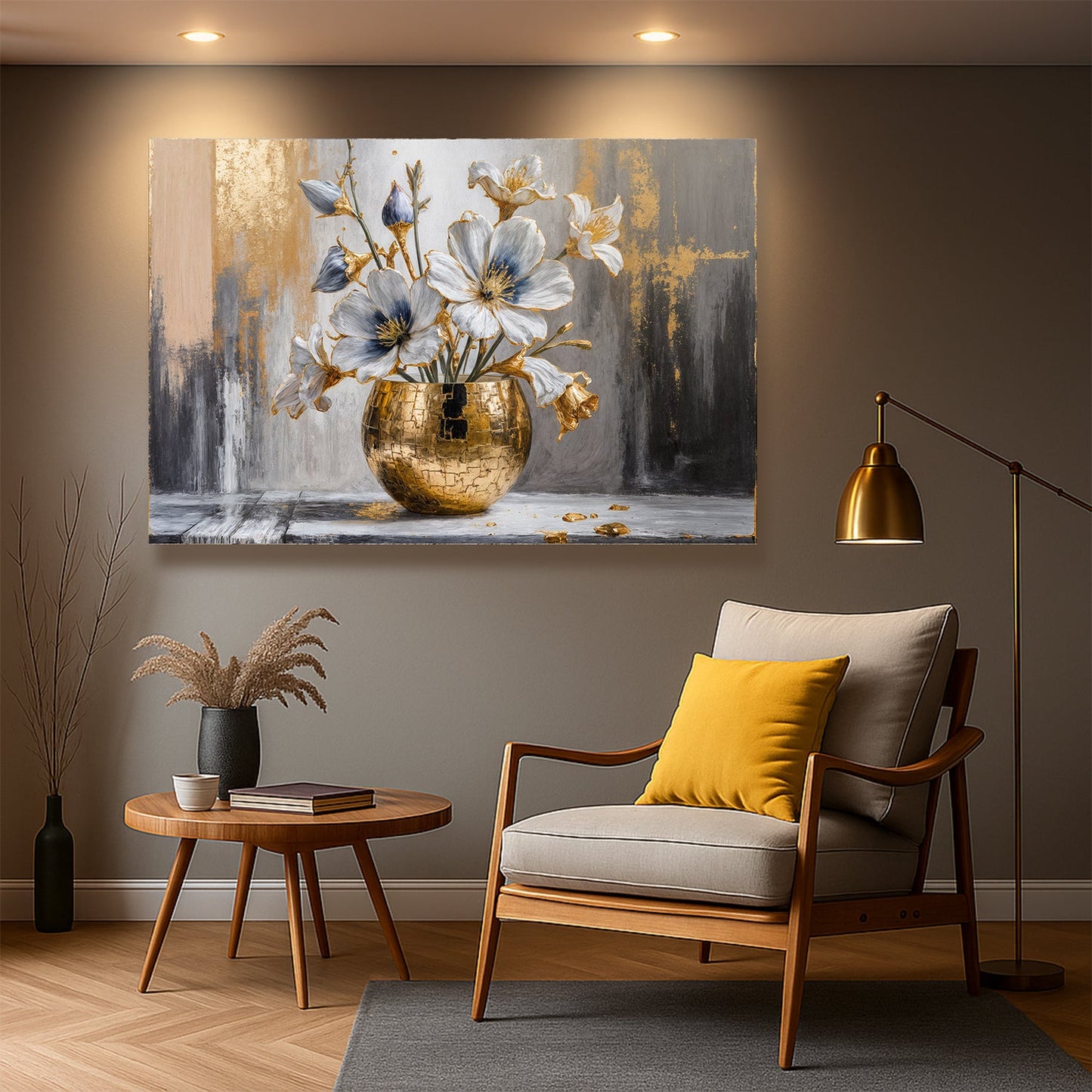 Magnolia Bloom in Gold Abstract Canvas Wall Art