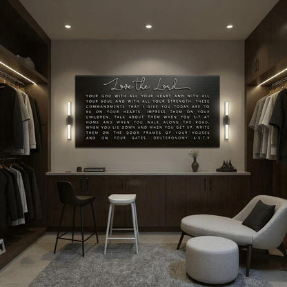 Deuteronomy 6:5-9 Love the Lord Black canvas shown in a styled room setting, view 4