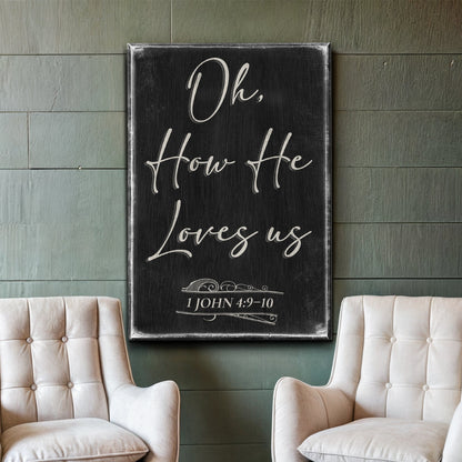 Oh How He Loves Us Black Script canvas shown in a styled room setting, view 2