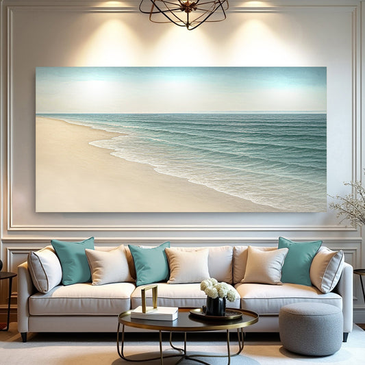 Teal Waves Rolling onto Sand canvas shown in a styled room setting, view 2