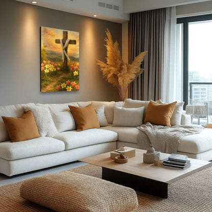 Wooden Cross on a Flower Hillside Golden Sunset canvas shown in a styled room setting, view 2