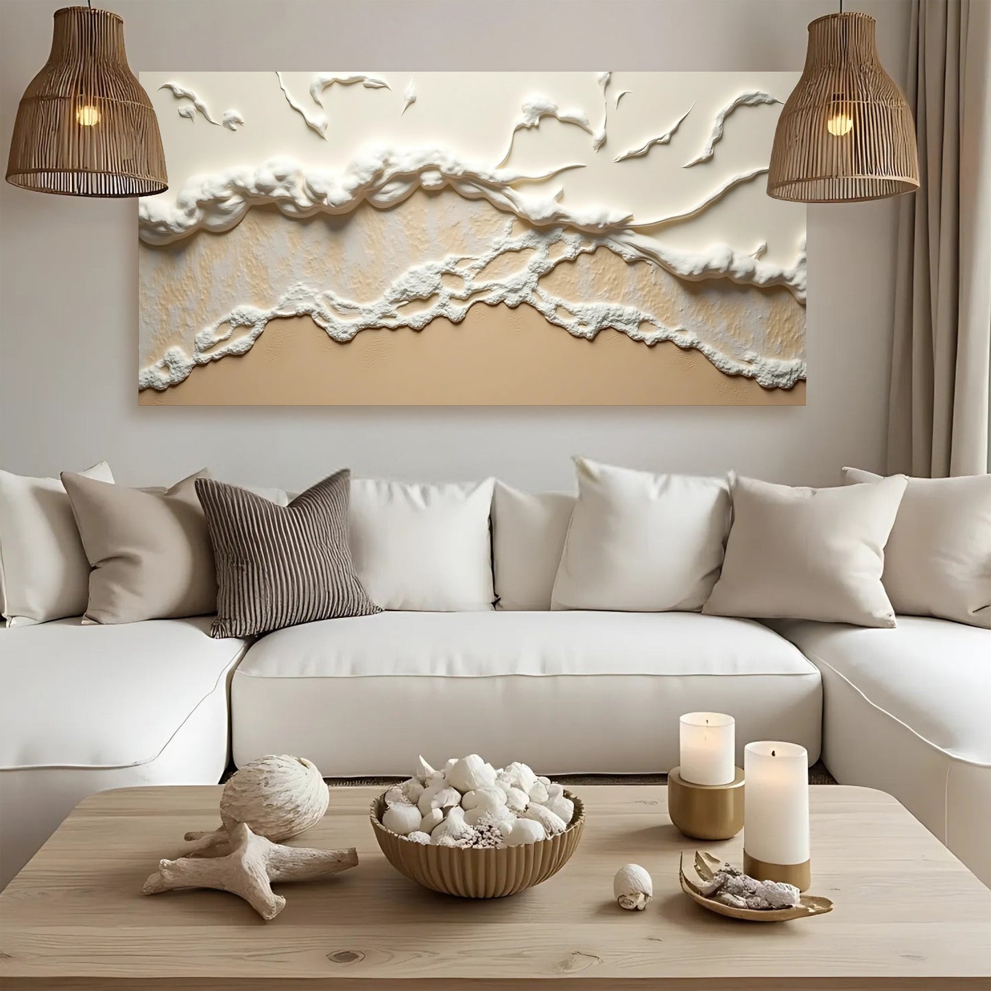 Beige abstract ocean waves canvas wall art in warm sandy tones, ready to hang