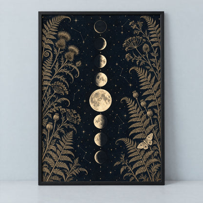 Gothic moon phase wall art in black and gold, framed in black and ready to hang, on a plain pale grey ground