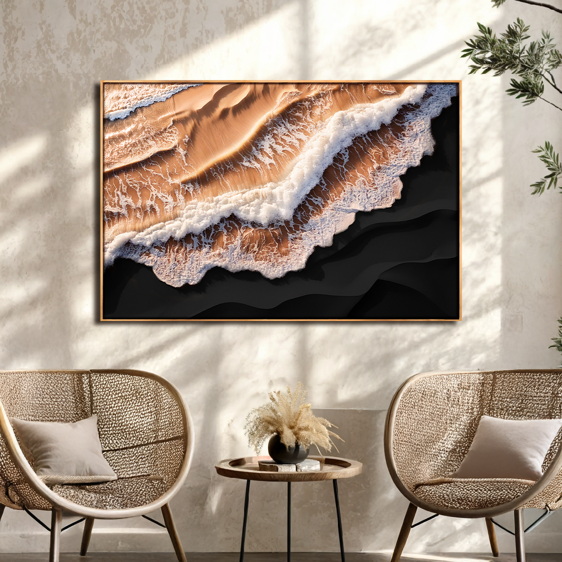 Amber ocean waves canvas wall art in warm golden sunset tones, ready to hang