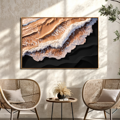 Amber ocean waves canvas wall art in warm golden sunset tones, ready to hang