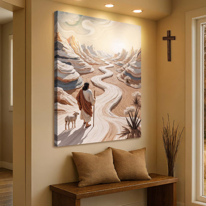 Shepherd and Lamb on a Winding Desert Path canvas shown in a styled room setting, view 4