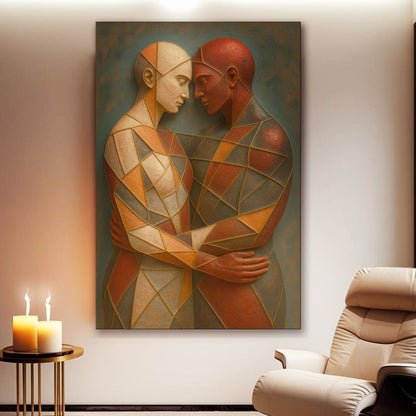 Canvas of two geometric figures embracing in copper, rust and olive tones