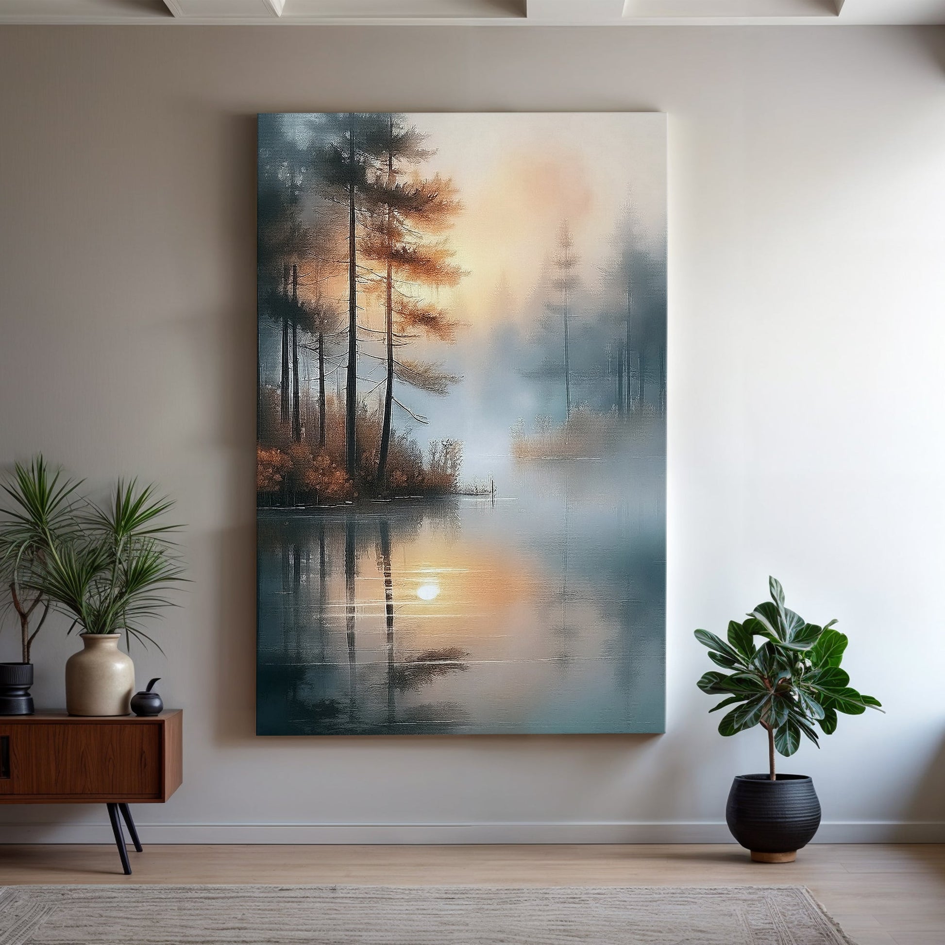 Misty lake landscape canvas wall art — serene foggy morning over water gallery wrapped