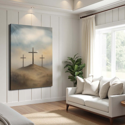 Three Crosses on a Misty Hill in Blue Grey canvas shown in a styled room setting, view 2