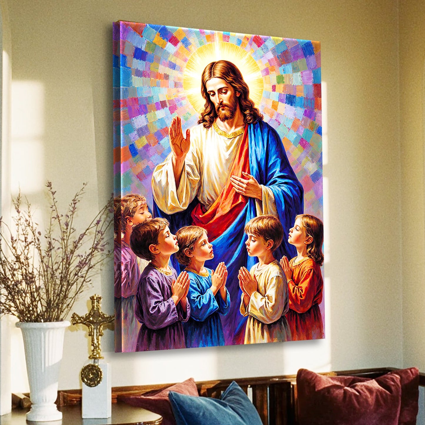 Jesus praying with kids faith canvas wall art for nursery or family room