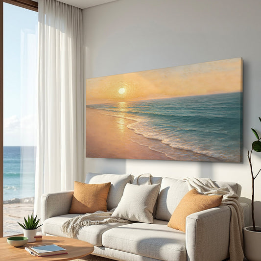 Warm Sunset Over the Shore canvas shown in a styled room setting, view 2
